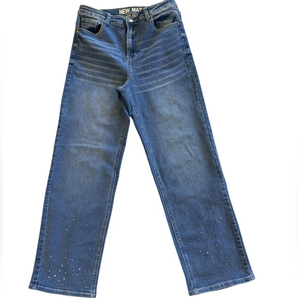 New Max Denim - New Max Women’s Wide Straight Leg Blue Jeans Rhinestones 8 High Waist Stretch